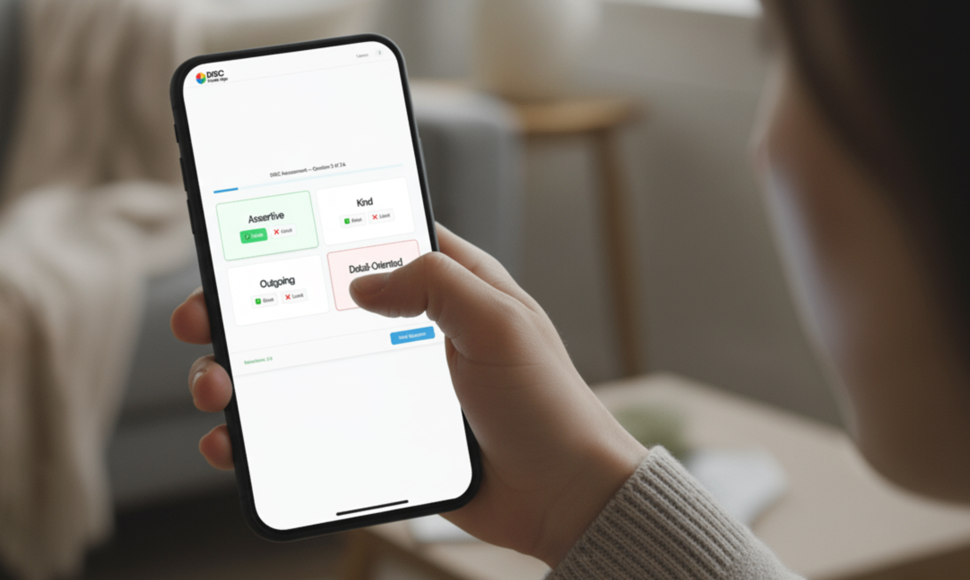 DISC Assessment mobile interface showing personality results